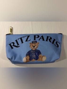 Ritz Paris Blue Cosmetic Pouch Teddy Bear Hotel Souvenir Zipper Bag France - New